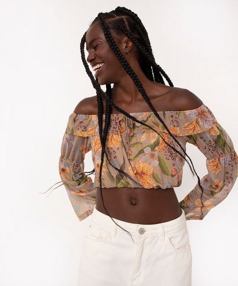 blusa de tule cropped ombro a ombro manga longa floral bege