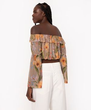 blusa de tule cropped ombro a ombro manga longa floral bege