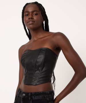 cropped corset de pu  preto