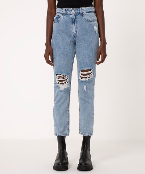 calça jeans mom destroyed cintura super alta azul médio