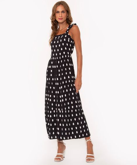 vestido midi de viscose poá decote reto preto