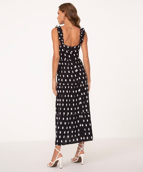 vestido midi de viscose poá decote reto preto