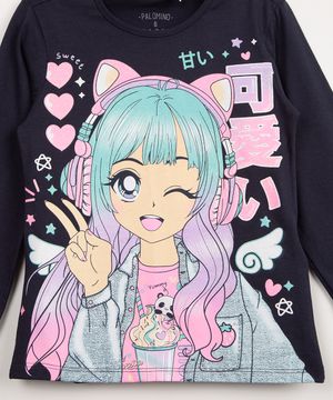 blusa infantil de algodão manga longa anime glitter azul marinho