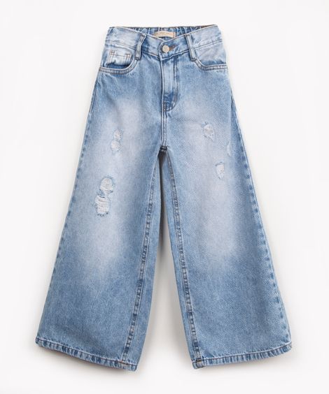 calça jeans infantil wed leg com puídos azul médio
