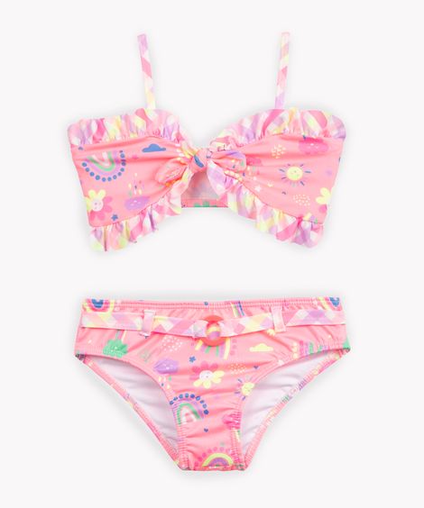 biquini infantil vichy com babado proteção uv multicor