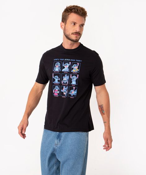 camiseta de algodão stitch manga curta preto