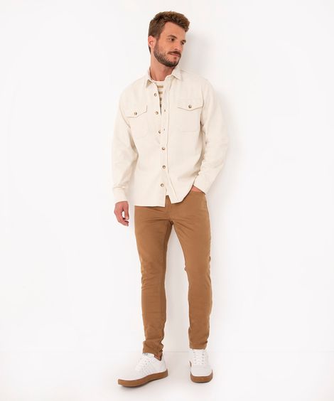 calça de sarja skinny stretch bege escuro