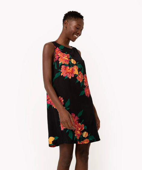 vestido curto de viscose floral preto