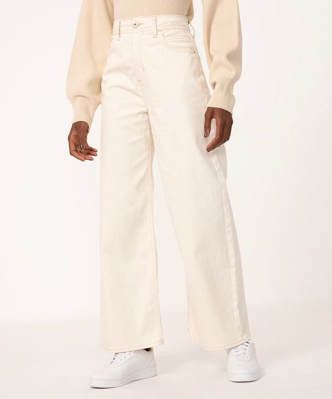 calça de sarja wide cropped cintura super alta bege claro
