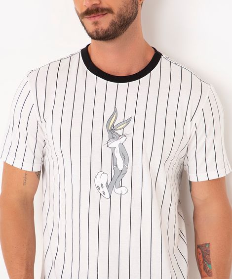 camiseta de algodão manga curta listrada pernalonga branco