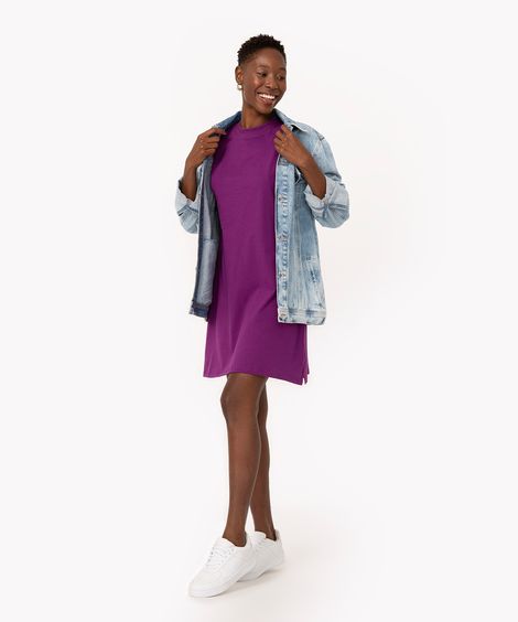 vestido curto básico manga curta areia - roxo uva