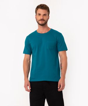 camiseta básica de algodão manga curta com bolso verde petróleo