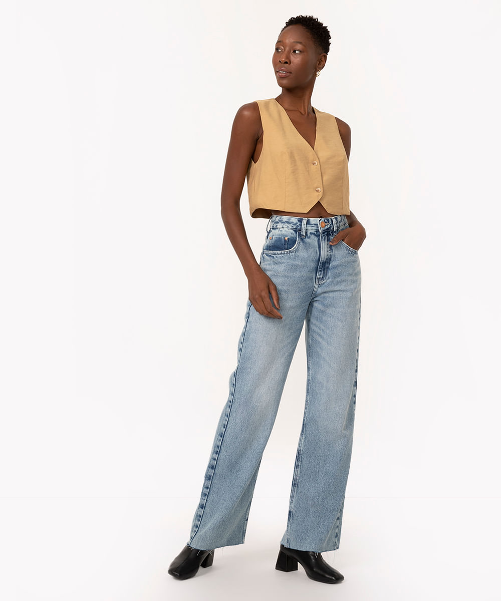 calça jeans wide slim cintura super alta azul médio - Faz a Boa!