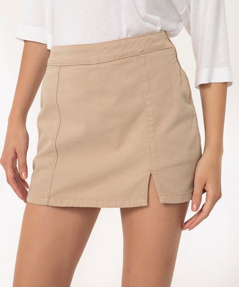 short saia de sarja cintura super alta bege