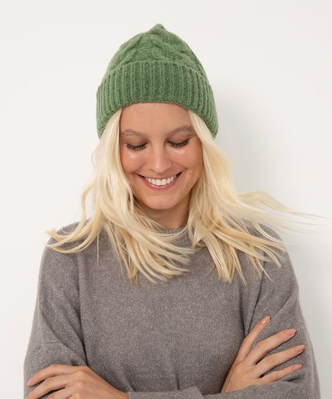 gorro de tricô texturizado trançado verde