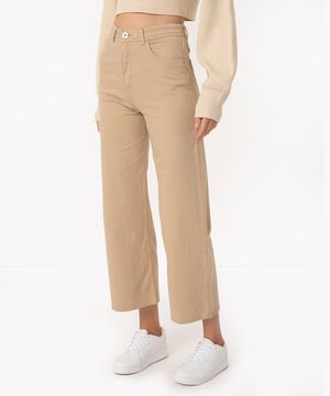 calça de sarja wide leg cropped cintura super alta com bolsos bege
