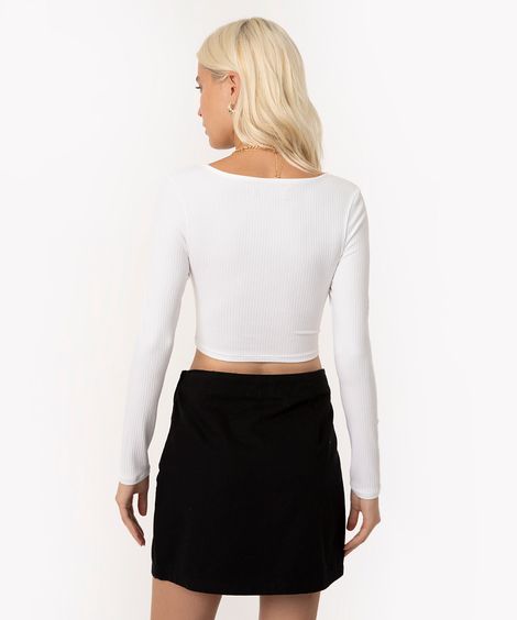 blusa cropped de viscose canelado manga longa off white