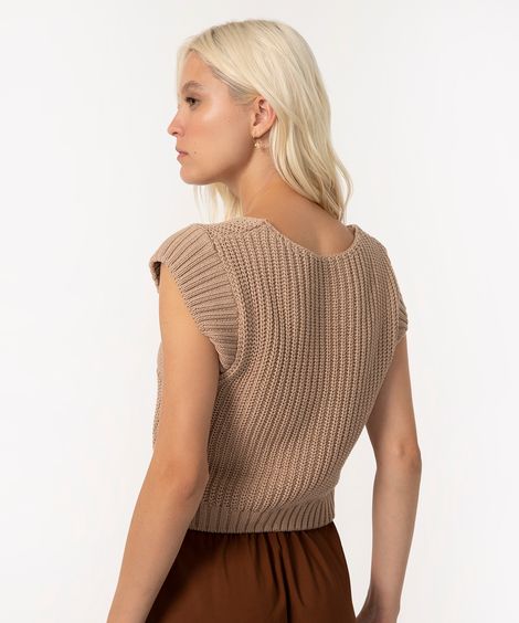 blusa de tricô algodão cropped decote v bege claro