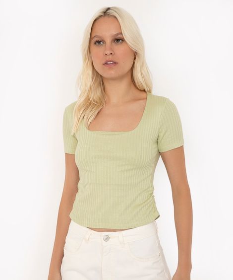 blusa texturizada de viscose franzido manga curta verde claro