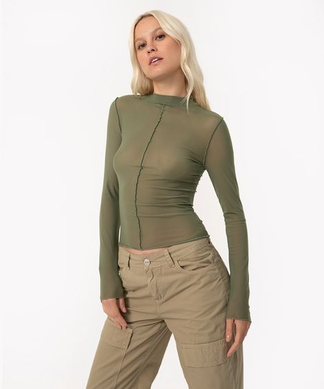 blusa de tule gola alta recorte manga longa verde militar
