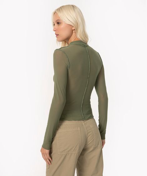 blusa de tule gola alta recorte manga longa verde militar