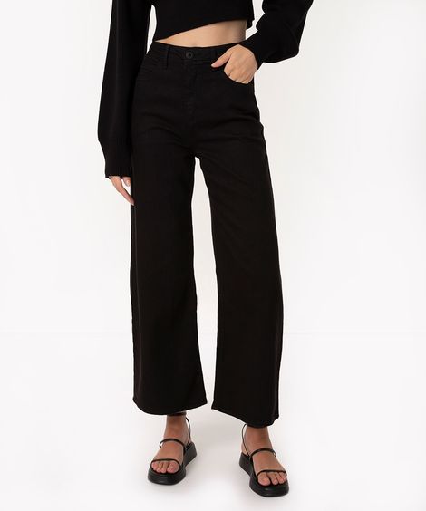calça de sarja wide leg cropped cintura super alta com bolso preta
