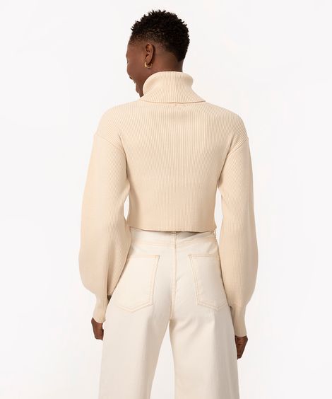 suéter de tricot canelado cropped gola alta - areia
