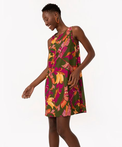 vestido curto de viscose floral verde militar