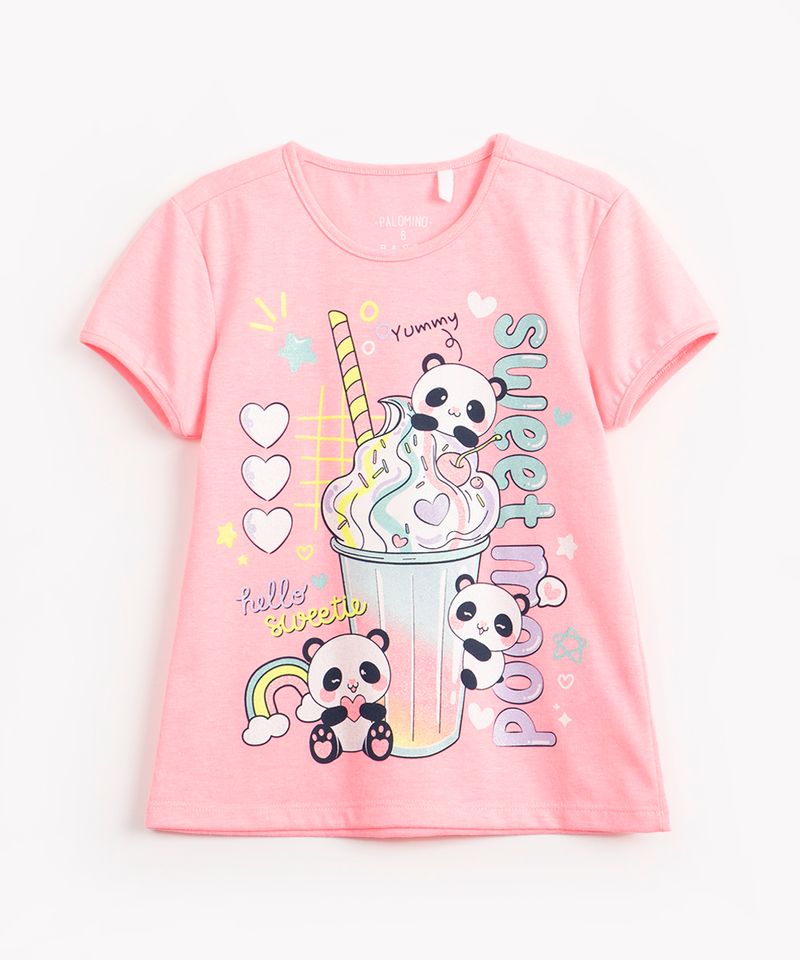 Camiseta Infantil Pampili Carinha Apaixonada Branco e Rosa Neon
