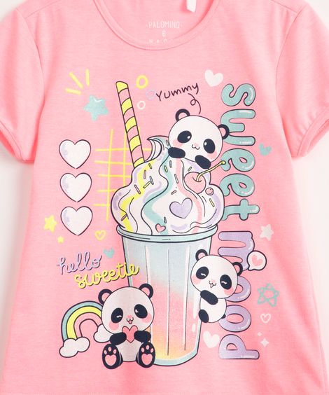 blusa infantil de algodão manga curta pandinha glitter rosa neon