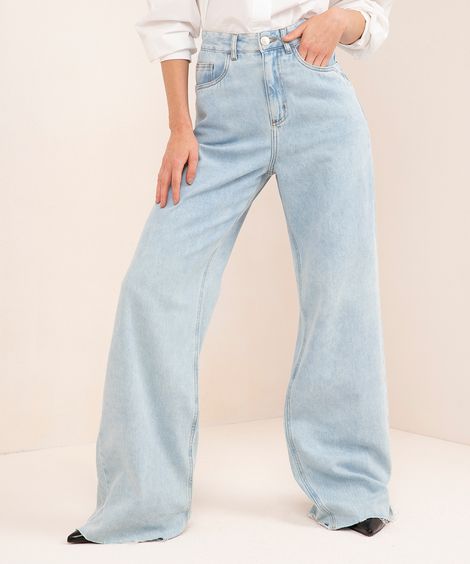 calça wide leg rio jeans barra desfiada mindset azul claro