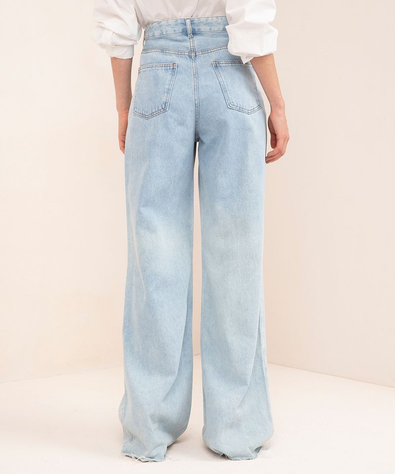 Calça Wide Leg Jeans com Puxador Cruzado na Lateral Azul