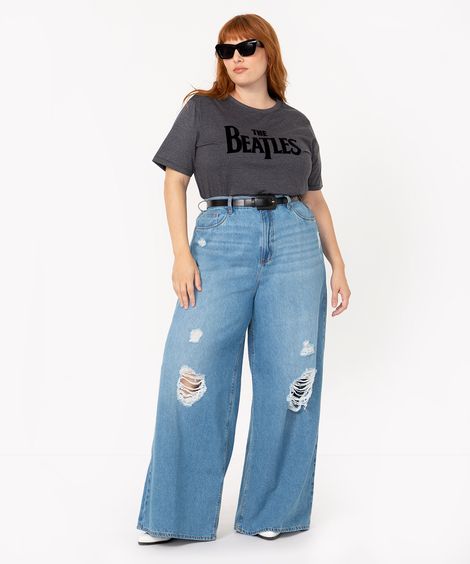 calça plus size wide cintura super alta azul médio