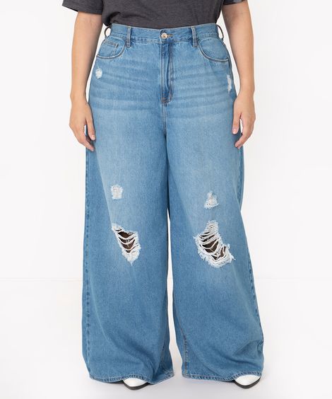 calça plus size wide cintura super alta azul médio