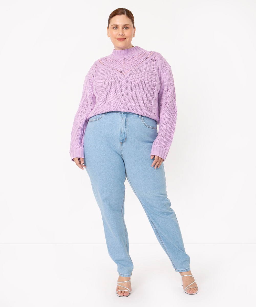 calça mom jeans plus size destroyed azul médio azul médio - C&A