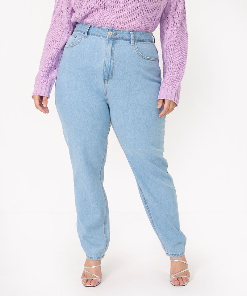 calça plus size jeans mom destroyed cintura super alta azul escuro azul  escuro - C&A