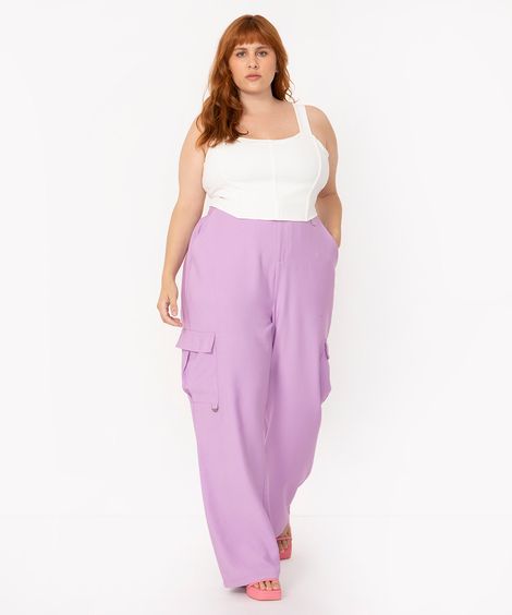 calça cargo plus size alfaiataria cintura alta lilás