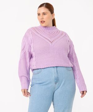 suéter plus size em tricô gola alta lilás