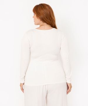 Blusa Plus Size Básica Manga Longa Decote Redondo off white