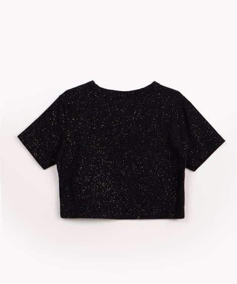blusa cropped juvenil malha canelada com glitter manga curta preto