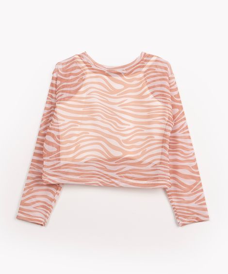 blusa cropped infantil em tule animal print manga longa off white