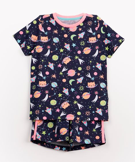 pijama infantil de malha gatinha manga curta azul marinho