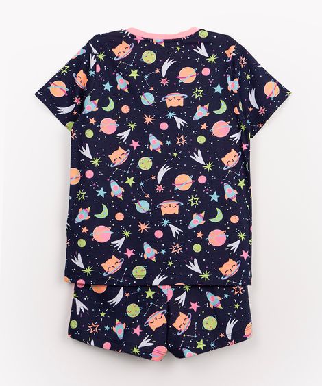 pijama infantil de malha gatinha manga curta azul marinho