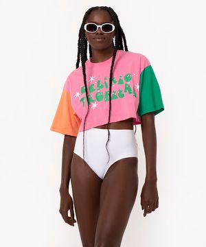 camiseta de algodão cropped delírio tropical herbbbbie rosa