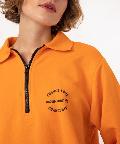 Blusão Polo de Moletom "Change Your Mind" com Meio Zíper Laranja