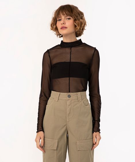 blusa de tule gola alta manga longa preto
