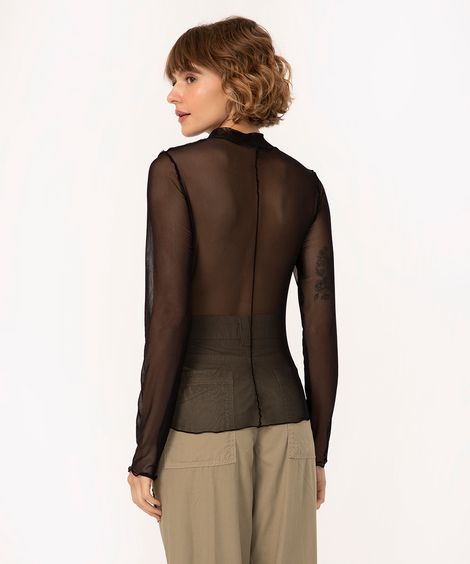 blusa de tule gola alta manga longa preto
