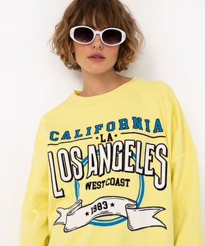 blusão de moletom oversized estampa college amarelo claro