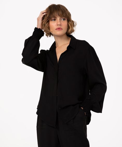 camisa de viscose manga longa bufante preto