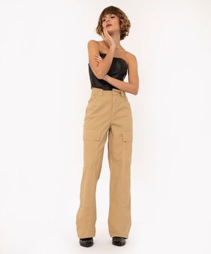 calça de sarja wide leg cargo slim cintura média bege